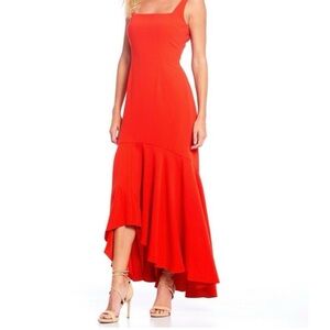 Gianni Bini Reid Hi-Low Ruffle Hem Square Neckline Crepe Dress in Red, Size 10